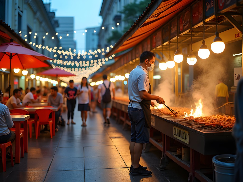 Evening scene at Satay Street outside Lau Pa Sat with vendors grilling skewers