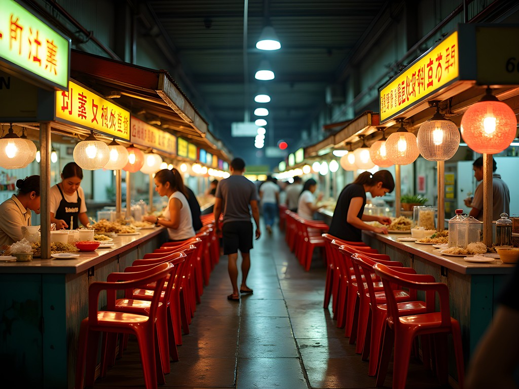 Busy food stalls at Old Airport Road Hawker Center in Singapore