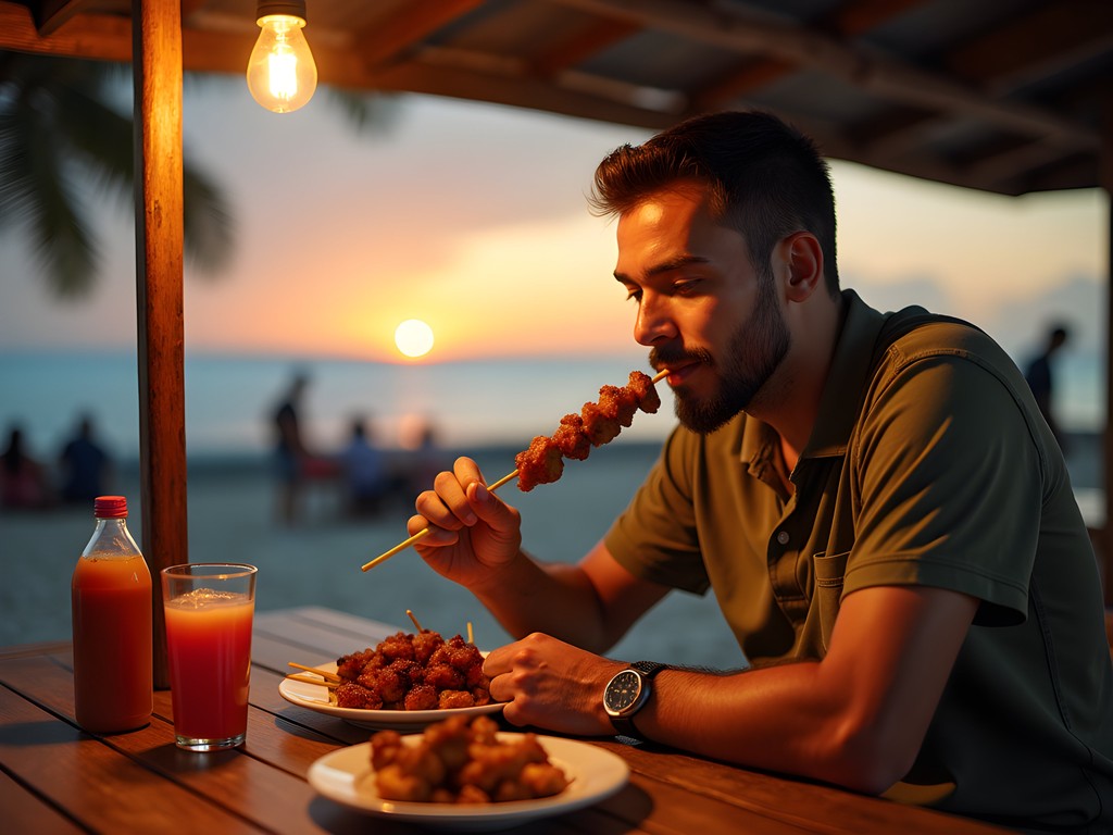 Peter Stevens enjoying satay at East Coast Lagoon Food Village with beach view