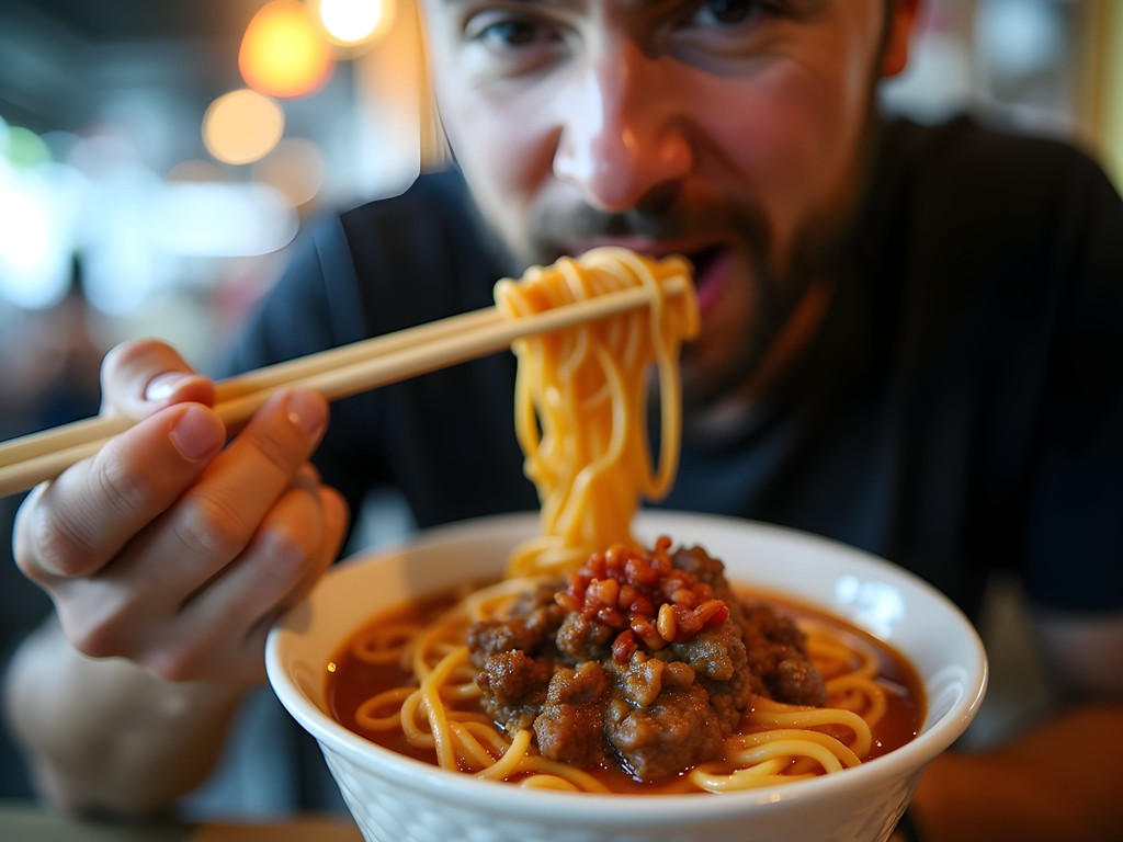 Travel blogger Peter Stevens trying bak chor mee noodles in Singapore