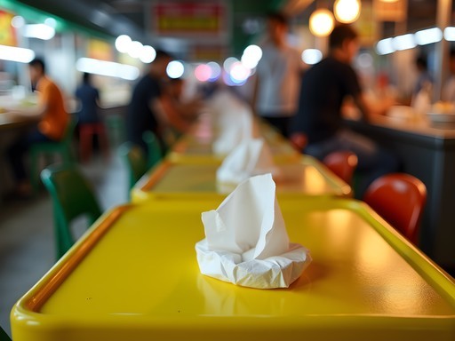 Tissue packets reserving tables at a Singapore hawker center