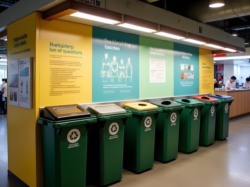 Sustainable practices at Singapore hawker center with tray return and waste sorting