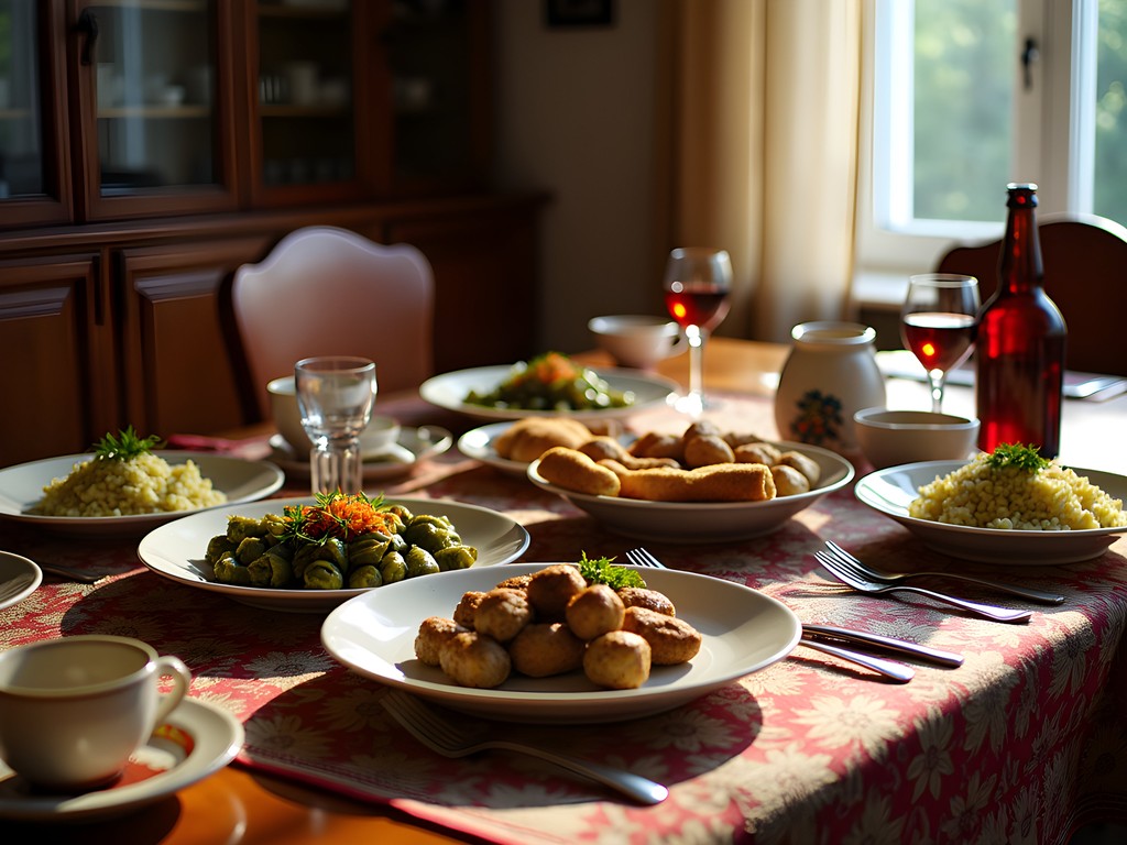 Traditional Bulgarian home-cooked Sunday lunch with multiple dishes and a local family
