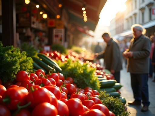 Colorful produce display at Sofia's Women's Market with local vendors