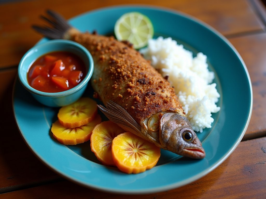 Traditional Colombian seafood platter with fried mojarra fish, coconut rice, and patacones