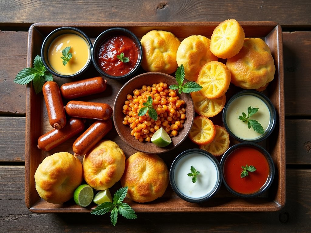 Colorful platter of traditional Barranquilla carnival foods including butifarras, empanadas, and arepas