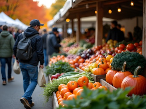 Colorful autumn produce display at Burlington Farmers Market with shoppers