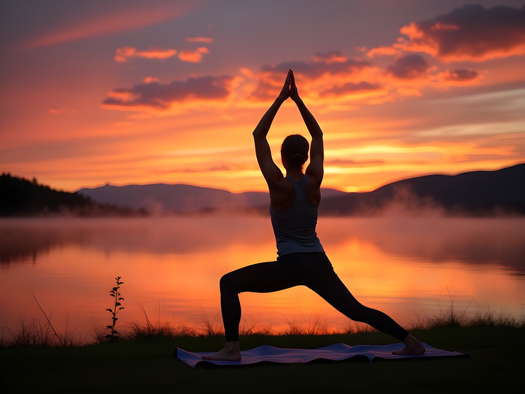 Man practicing yoga at sunrise overlooking Lake Champlain in Burlington