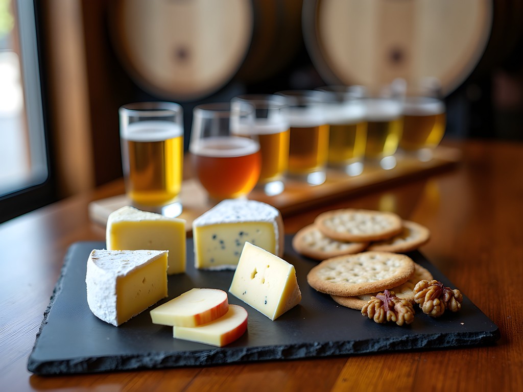 Artisanal Vermont cheese board with craft cider flight in rustic tasting room