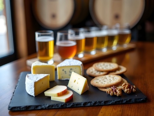 Artisanal Vermont cheese board with craft cider flight in rustic tasting room
