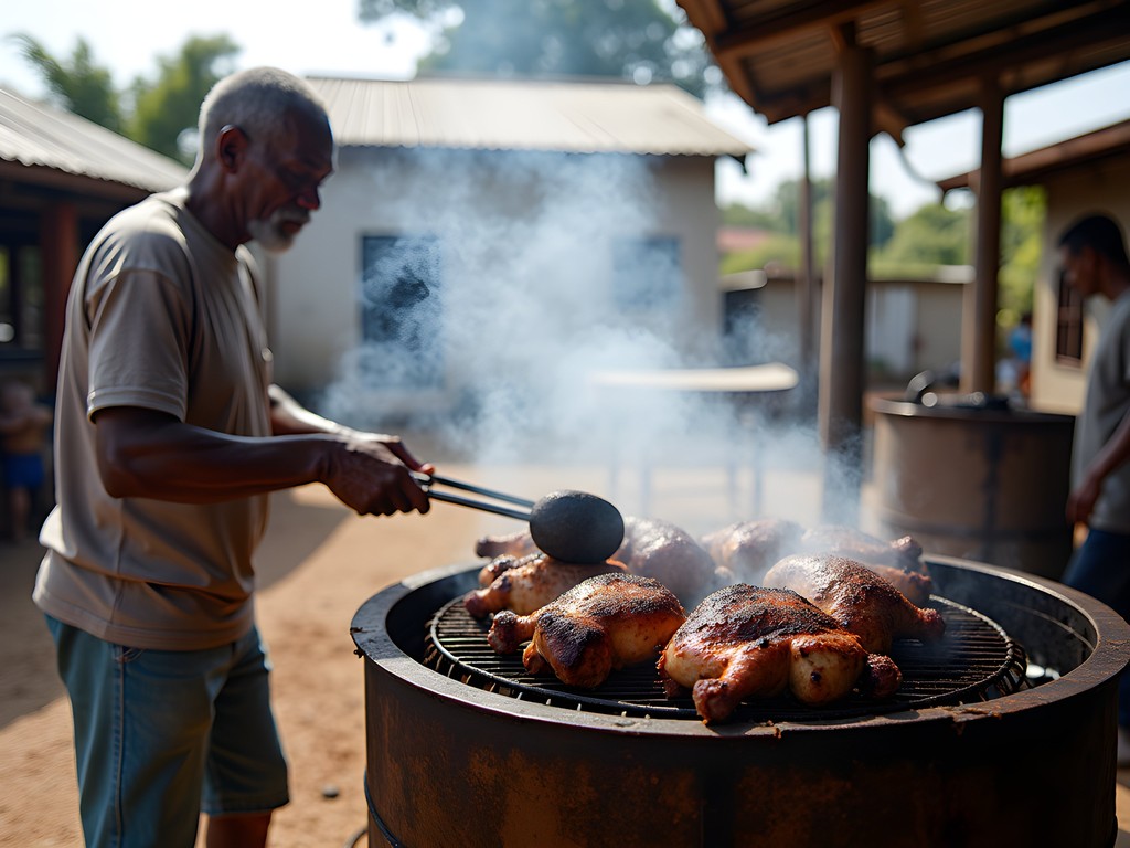 Traditional Jamaican jerk chicken being prepared over pimento wood in Spanish Town