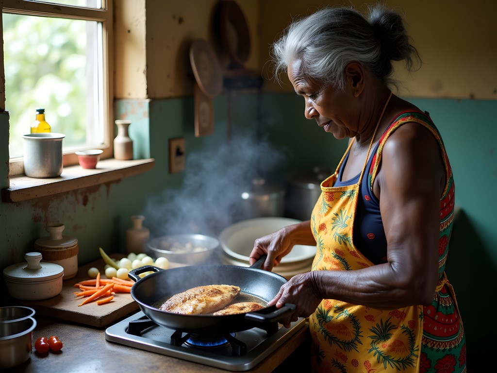 Local Jamaican grandmother teaching how to prepare traditional escovitch fish in Spanish Town