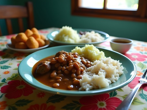 Traditional Jamaican rice and peas with brown stew chicken on a colorful tablecloth