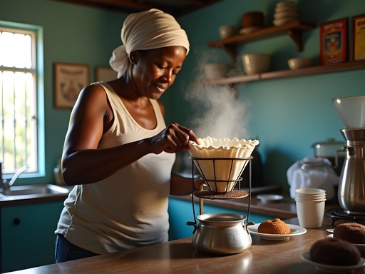 Traditional Jamaican coffee being prepared with cloth filter method in Spanish Town