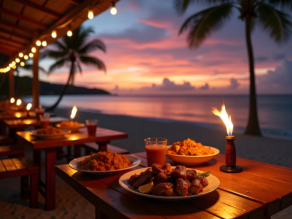 Sunset beachside dining in Speightstown with tables on the sand