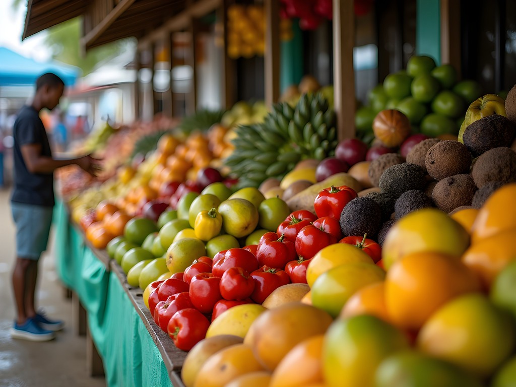 Colorful tropical fruits and vegetables at Speightstown market