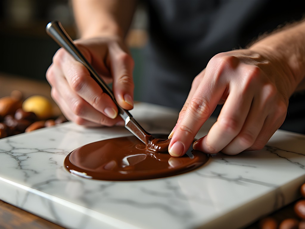 Hands tempering chocolate at Markham & Fitz chocolate making workshop