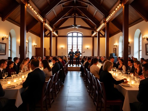 Romantic dinner setting with live folk music at Roots HQ in Springdale
