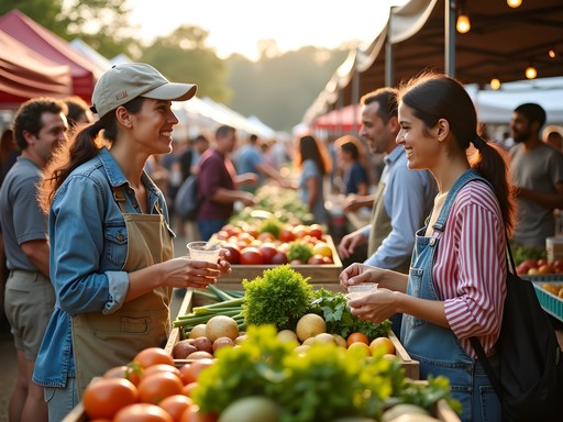 Diverse vendors and shoppers interacting at Springdale Farmers Market
