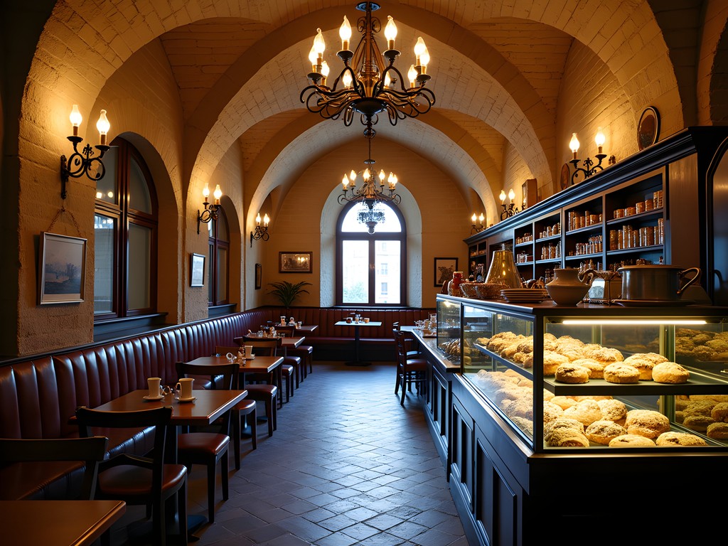 Historic café interior in Gamla Stan with vaulted ceilings and traditional Swedish pastries