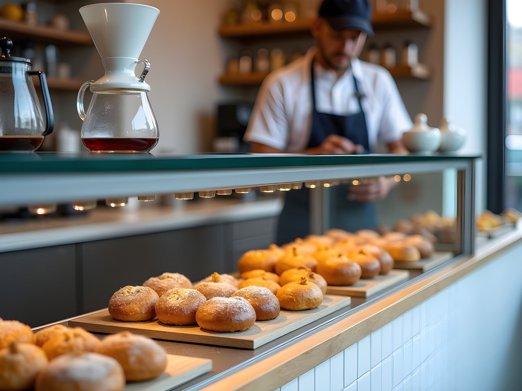 Modern Södermalm café with artisanal pastry display and specialty coffee preparation