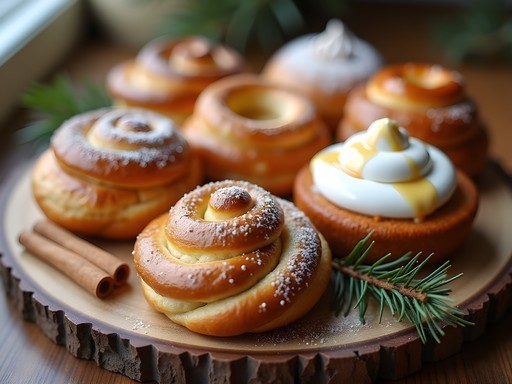 Close-up of traditional Swedish pastries including kanelbullar, kardemummabullar, and seasonal varieties