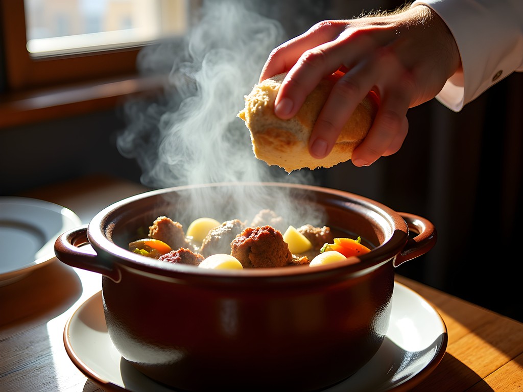 Traditional Alsatian baeckeoffe being served as bread seal is broken on earthenware pot in Strasbourg restaurant