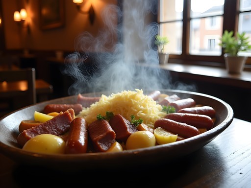 Traditional Alsatian choucroute garnie with assorted meats and sauerkraut in Strasbourg restaurant