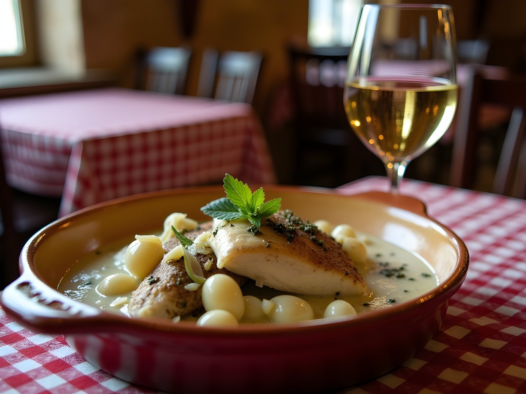 Traditional Alsatian Coq au Riesling served in rustic ceramic dish at Strasbourg winstub