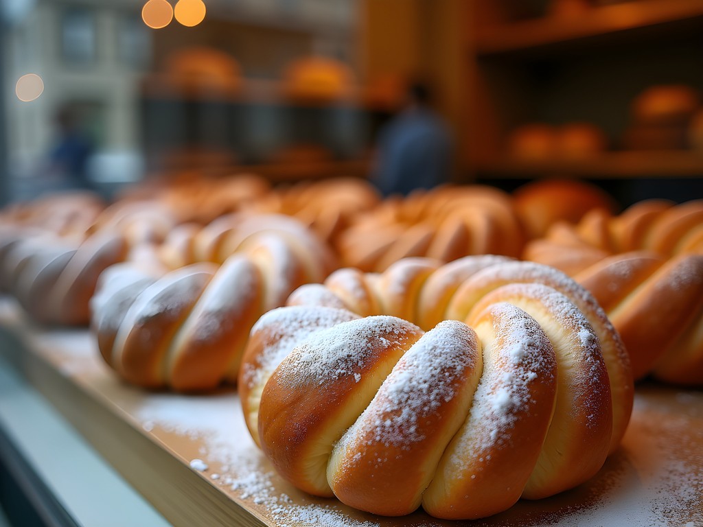 Fresh kugelhopf pastries on display in traditional Strasbourg bakery window