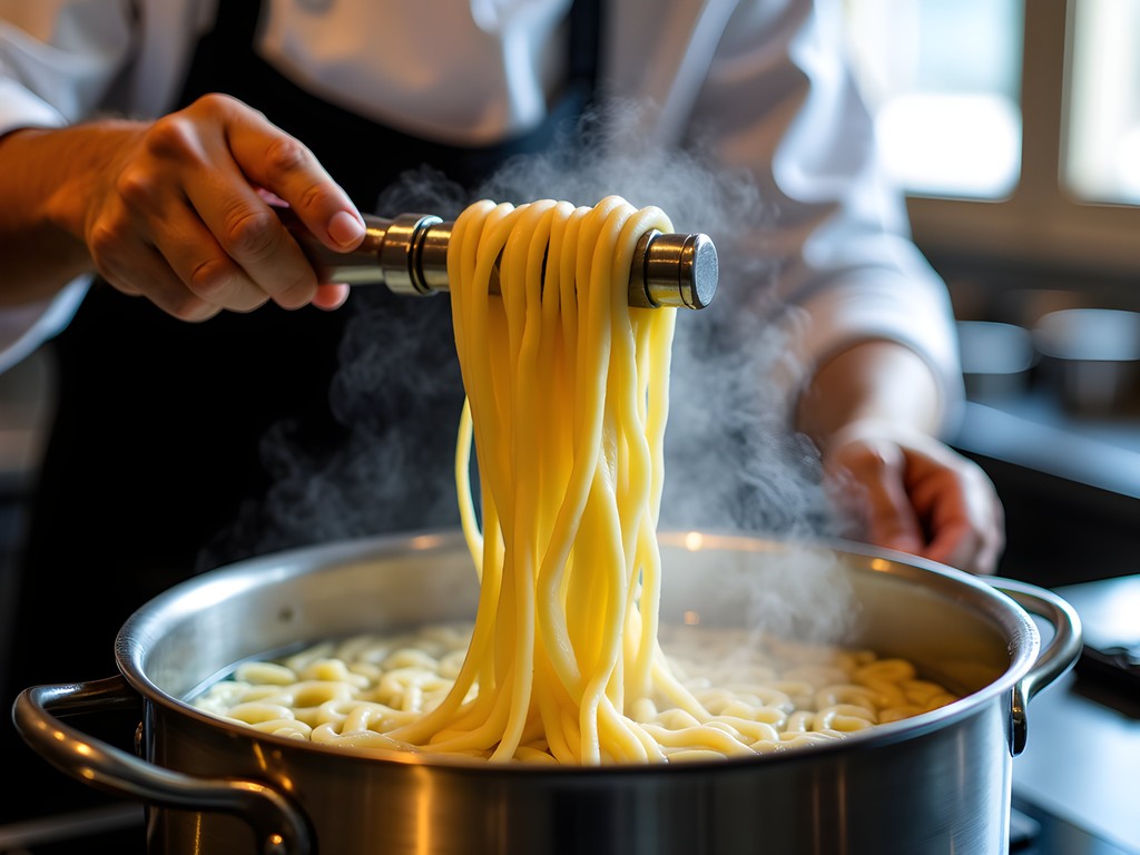 Chef preparing traditional Alsatian spätzle in Strasbourg restaurant kitchen