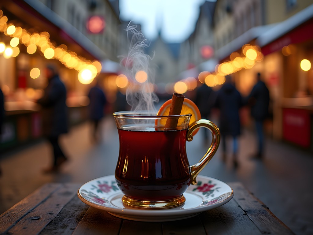 Traditional Alsatian mulled wine being served in ceramic mug at Strasbourg evening market