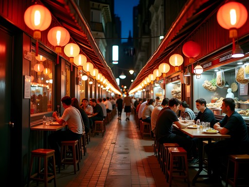 Evening atmosphere at Spice Alley in Sydney with hanging lanterns and food stalls