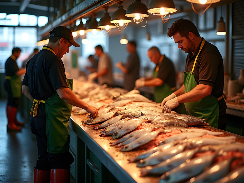Early morning at Sydney Fish Market with fresh seafood displays
