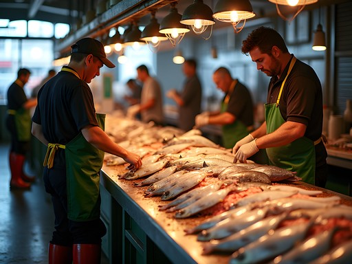 Early morning at Sydney Fish Market with fresh seafood displays