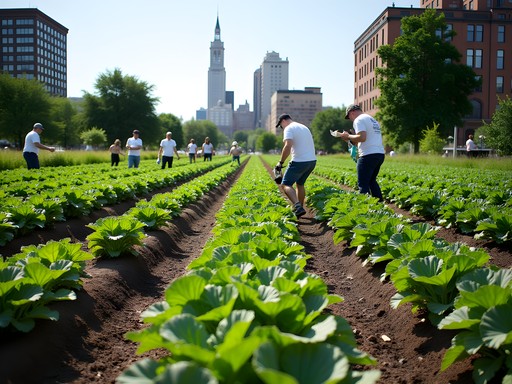 Urban agriculture at Brady Farm in Syracuse with city skyline in background
