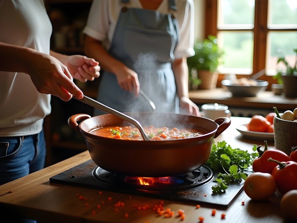 Couple learning to make traditional Hungarian fisherman's soup in Szeged cooking class