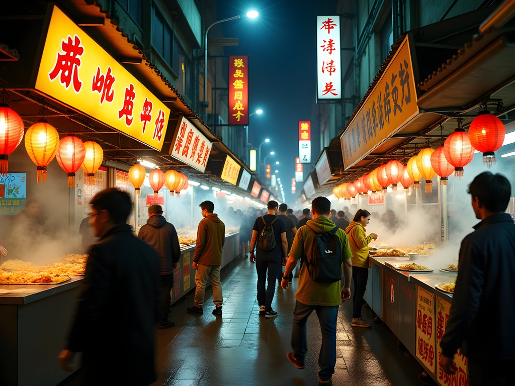 Bustling evening scene at Fengjia Night Market in Taichung with food stalls and local crowds