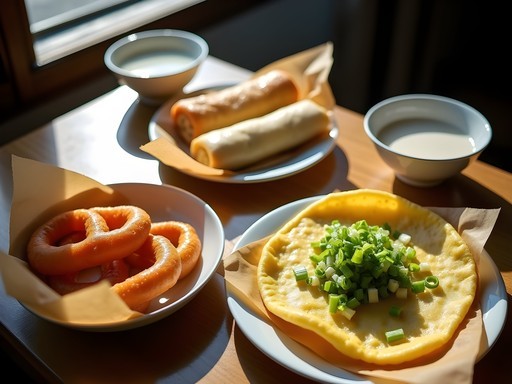 Traditional Taiwanese breakfast spread including fan tuan rice rolls and dan bing egg crepes in Taichung