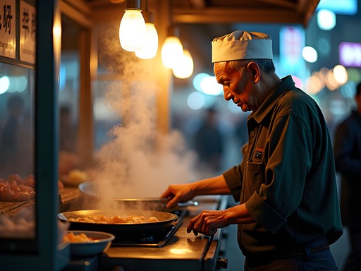Taiwanese street food vendor skillfully cooking at night market with dramatic lighting