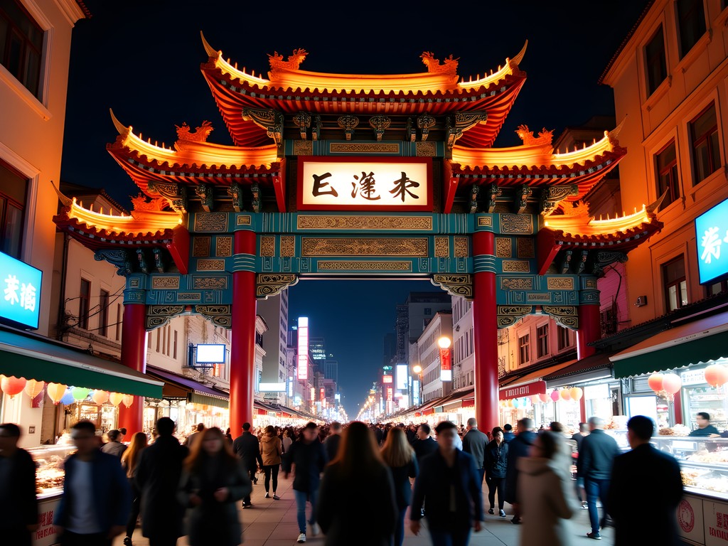 Ornate entrance gate to Raohe Night Market in Taipei illuminated at night