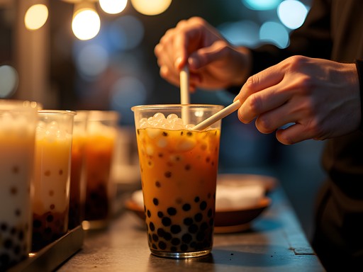 Close-up of hands preparing traditional Taiwanese bubble tea at night market