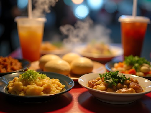 Variety of colorful Taiwanese street foods on small plates at a night market