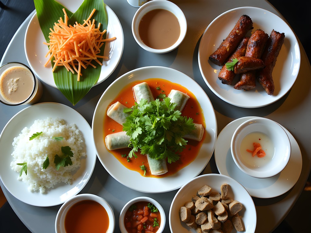 Vietnamese family-style feast with DIY spring rolls and colorful ingredients at Café Anh Hong