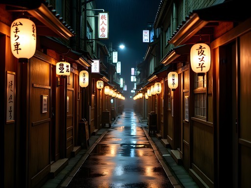 Narrow alleyway in Golden Gai district of Tokyo with small izakaya entrances and neon signs