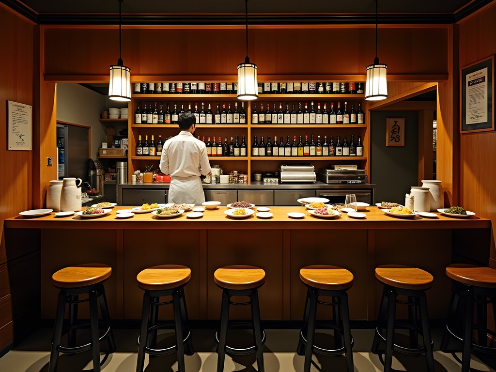 Interior view of traditional Tokyo izakaya with customers seated at wooden counter while chef prepares food