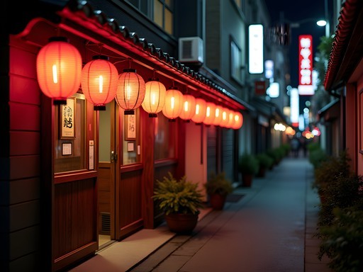 Traditional Tokyo izakaya with red lanterns hanging outside a wooden entrance