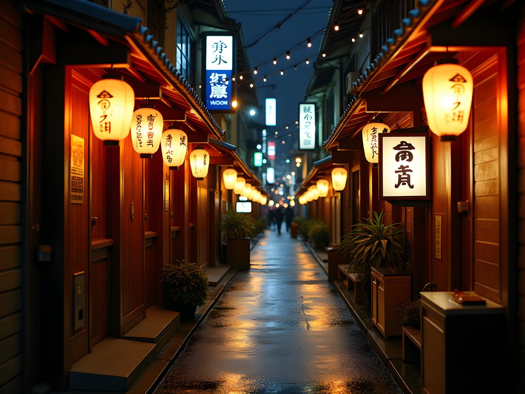Atmospheric narrow alleyway of Nonbei Yokocho in Shibuya with small izakaya entrances and traditional lanterns