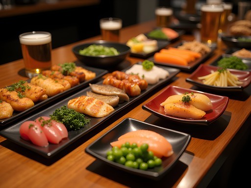 Traditional izakaya food spread including yakitori skewers, sashimi, and small plates with beer and sake