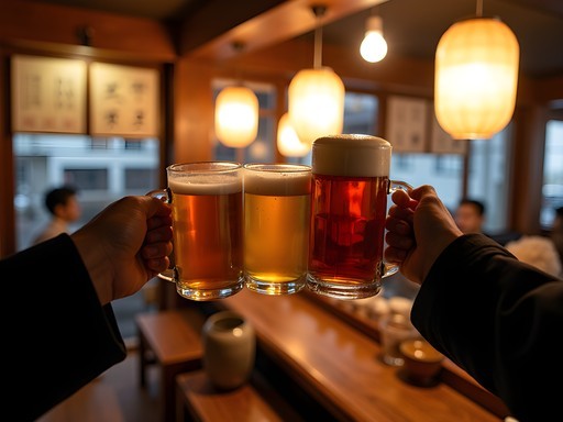 Group toasting with sake cups in a traditional Tokyo izakaya